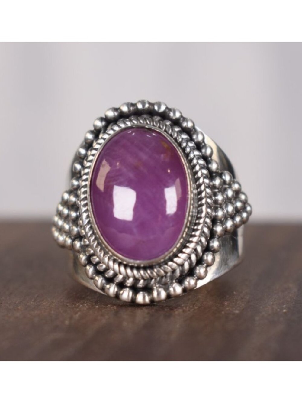 Vintage Sterling Silver Purple Gemstone Cabochon Beaded Boho Ring Southwestern
